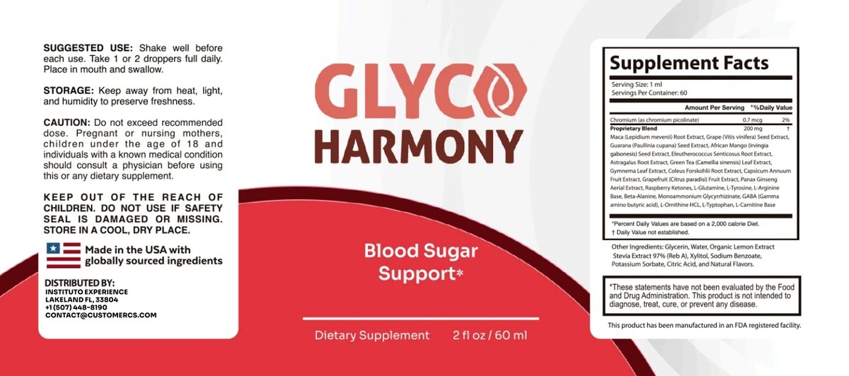 The Glyco Harmony wrap label: suggested use, storage, caution panel and distributor details on the left, the front panel in the centre, and a Supplement Facts panel on the right listing vitamin chromium 0.7 mcg and a 200 mg proprietary blend of caffeine from green coffee, L-tyrosine, theacrine, theobromine, bacopa monnieri, rhodiola and huperzia serrata