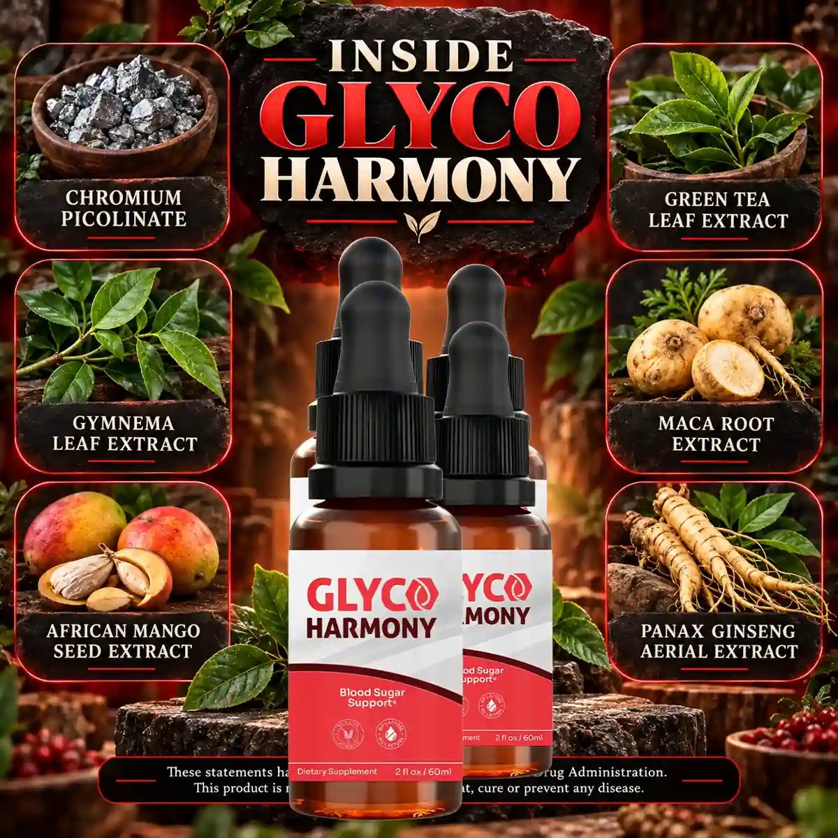 The Glyco Harmony listing artwork showing what the product supportsginkgo leaf, a lion's mane mushroom, blueberries and herb sprigs